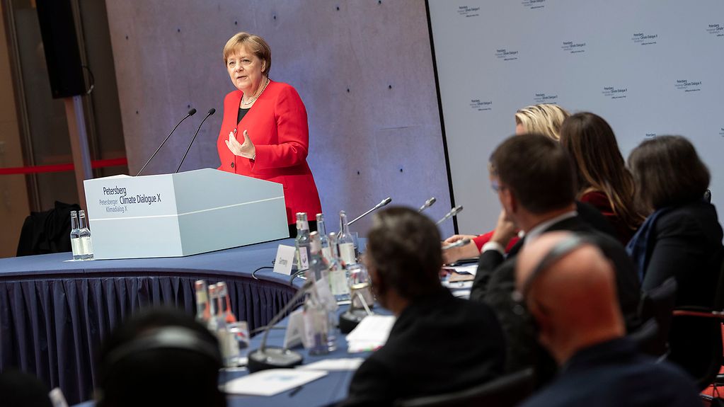 Chancellor Angela Merkel speaks at the Petersberg Climate Dialogue
