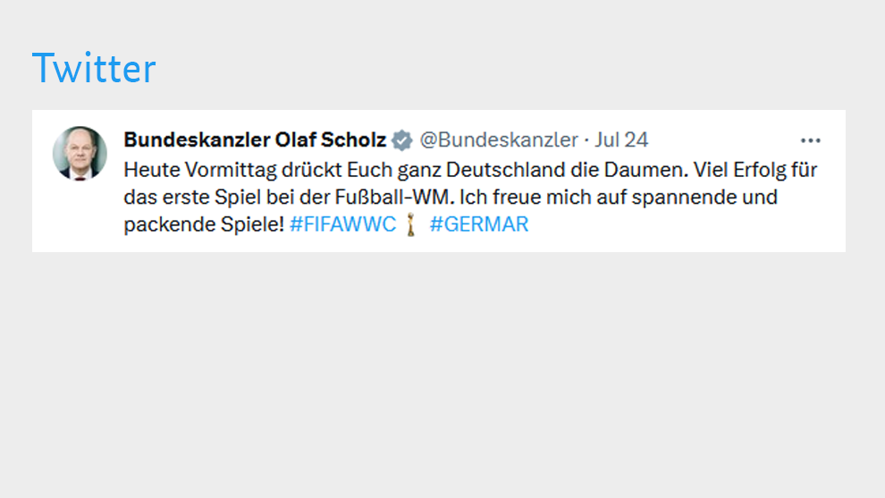 Heute Vormittag drückt Euch ganz Deutschland die Daumen. Viel Erfolg für das erste Spiel bei der Fußball-WM. Ich freue mich auf spannende und packende Spiele! #FIFAWWC #GERMAR