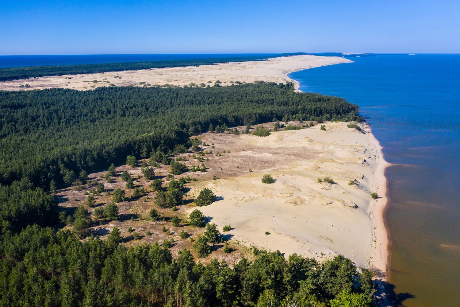 Blick aus der Luft auf die Strände und den Wald auf der Halbinsel der Kurischen Nehrung.