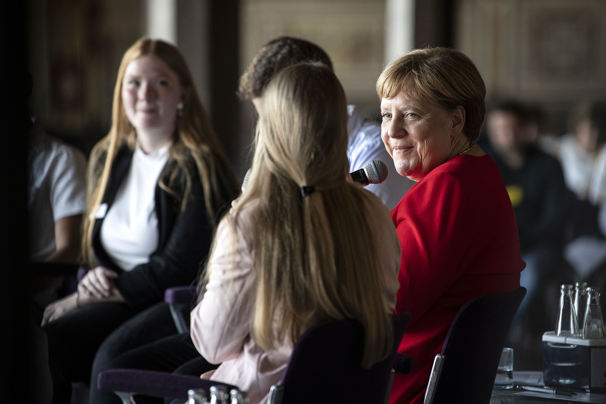 Chancellor Angela Merkel during a discussion with young people