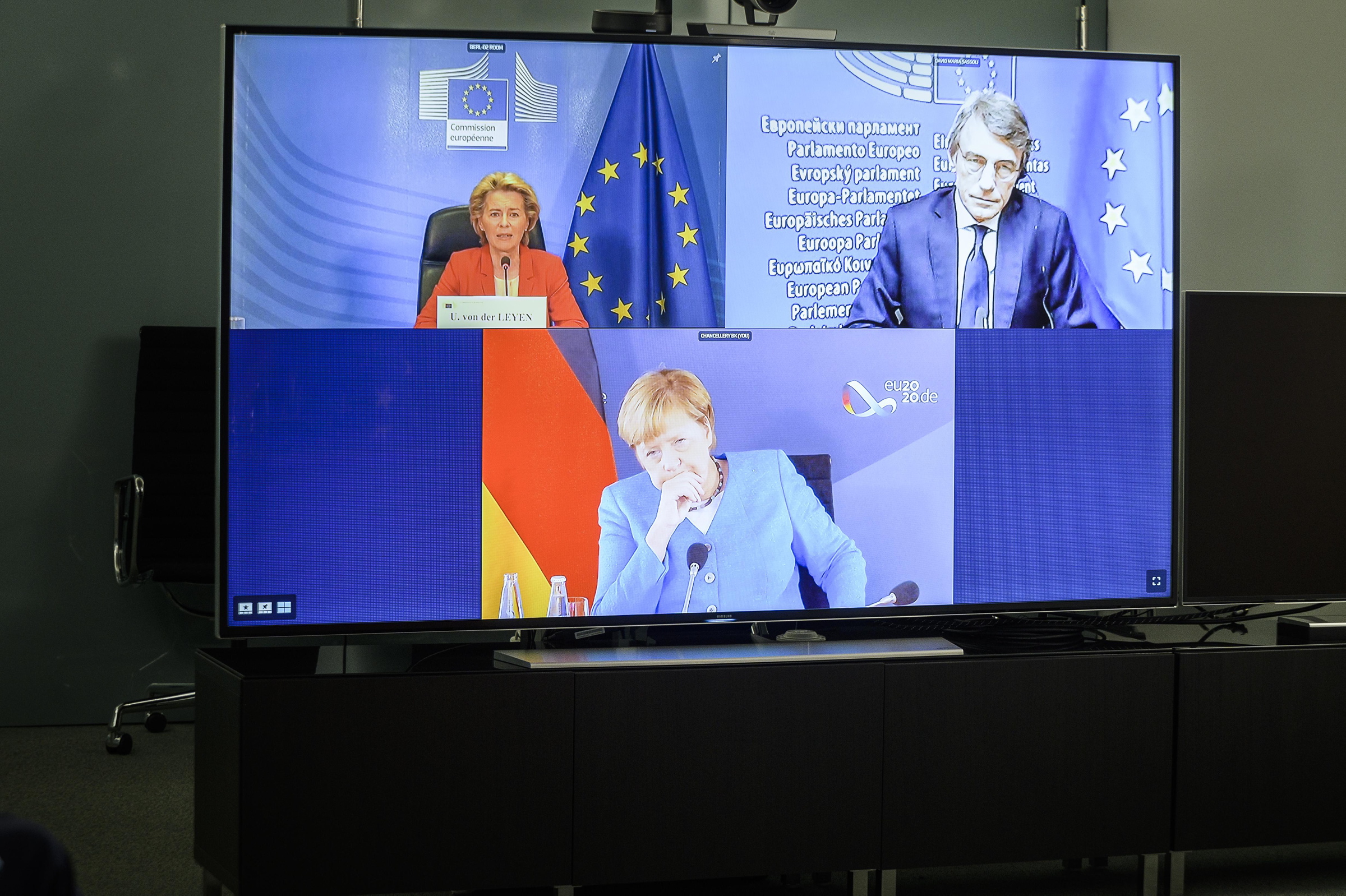 Chancellor Angela Merkel in a video conference with David Sassoli, President of the European Parliament, and Ursula von der Leyen, President of the European Commission