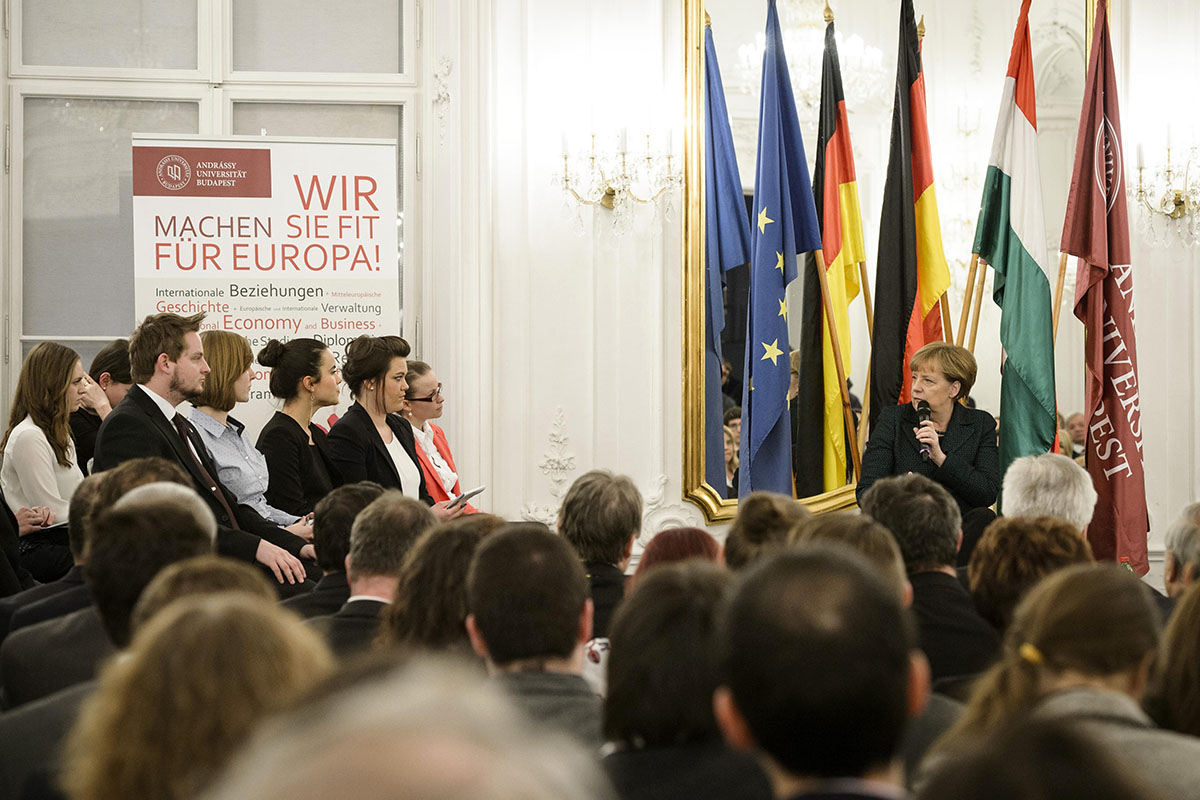 Chancellor Angela Merkel during a discussion with students