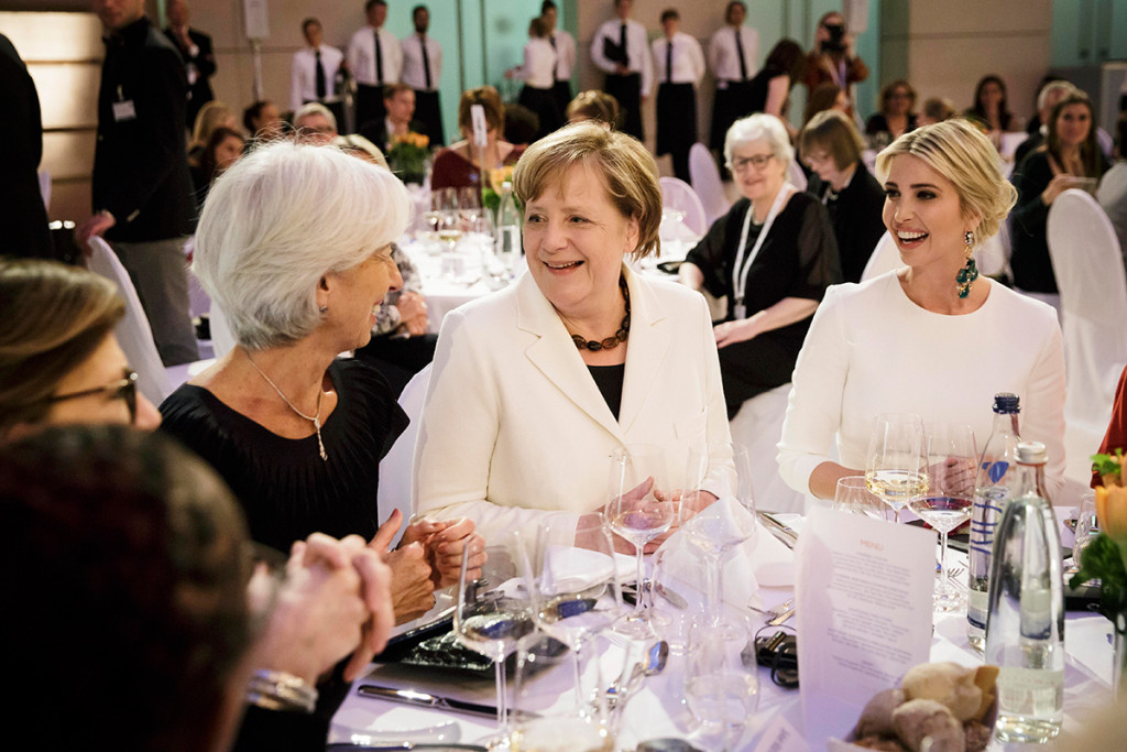 Chancellor Angela Merkel (centre) in discussion with Christine Lagarde, Managing Director of the International Monetary Fund (at left), during a gala dinner held within the scope of the W20 Summit (at right Ivanka Trump)