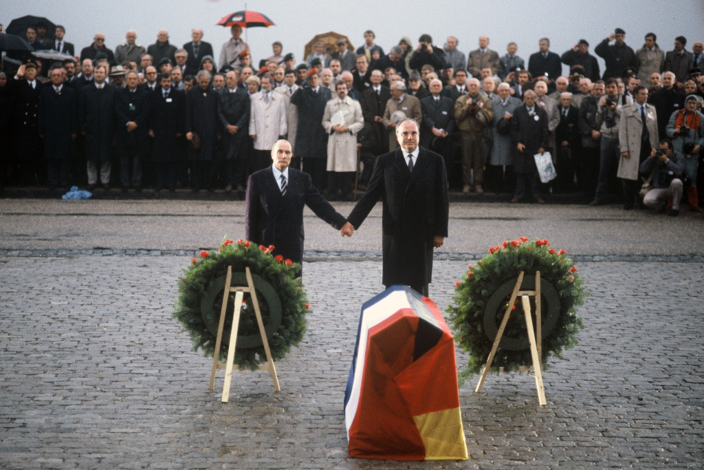 Chancellor Helmut Kohl (at right) and French President Francois Mitterrand, hand in hand