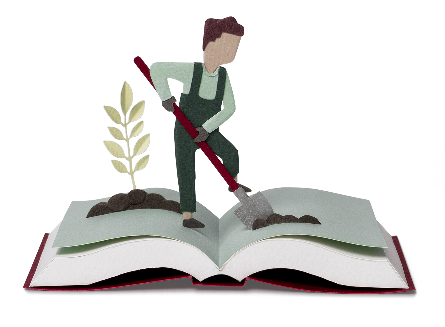 Ein animiertes, aufgeschlagenes Buch, in das eine Person mit einem Spaten Gartenarbeit verrichtet.