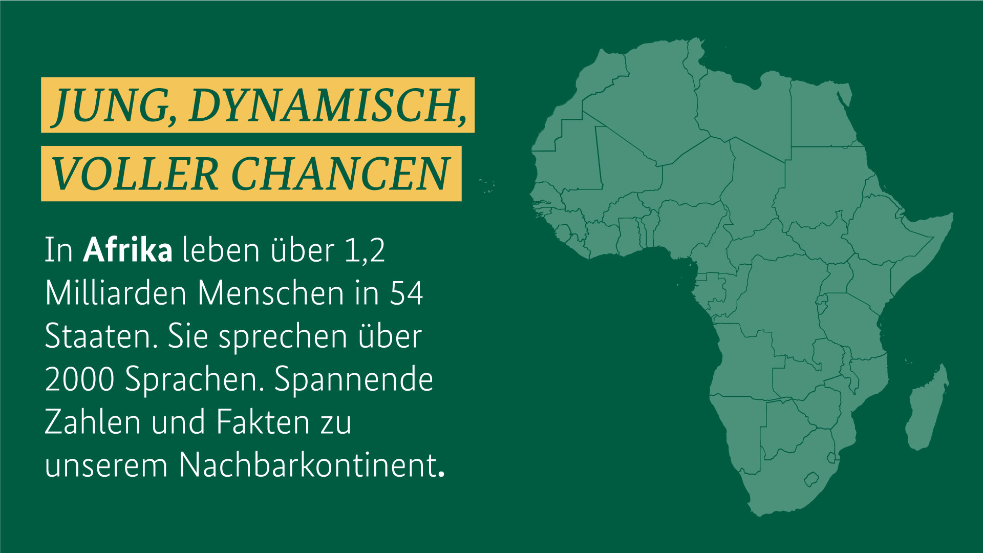 Die Grafik zeigt eine Afrikakarte. Daneben steht: Jung, dynamisch, voller Chancen. In Afrika leben über 1,2 Milliarden Menschen in 54 Staaten. Sie sprechen über 2000 Sprachen. Spannende Zahlen und Fakten zu unserem Nachbarkontinent..