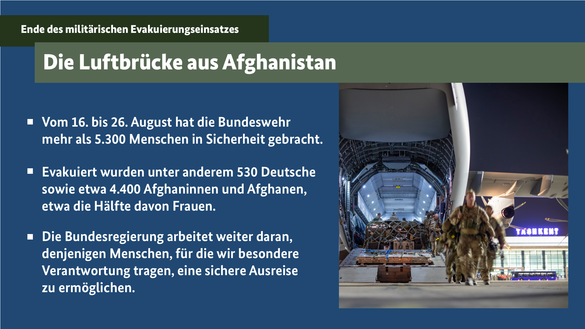 Die Grafik trägt den Titel Die Luftbrücke aus Afghanistan (Weitere Beschreibung unterhalb des Bildes ausklappbar als "ausführliche Beschreibung")