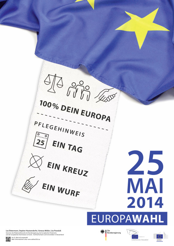 Mit dem Plakat "100 Prozent Dein Europa" gehören Lisa Pawelzik, Vanessa Müller, Lea Dietersmann, Stephan Hautzendorfer von der Fachhochschule Münster zu den Siegern
