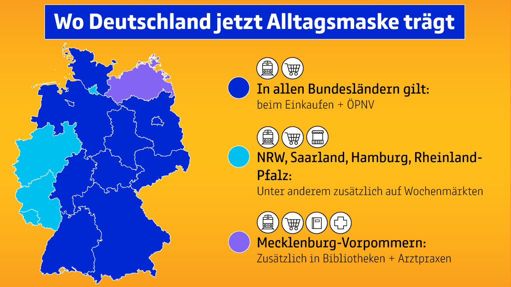 Die Grafik zeigt, wo in Deutschland jetzt Masken geragen werden müssen (Weitere Beschreibung unterhalb des Bildes ausklappbar als "ausführliche Beschreibung")