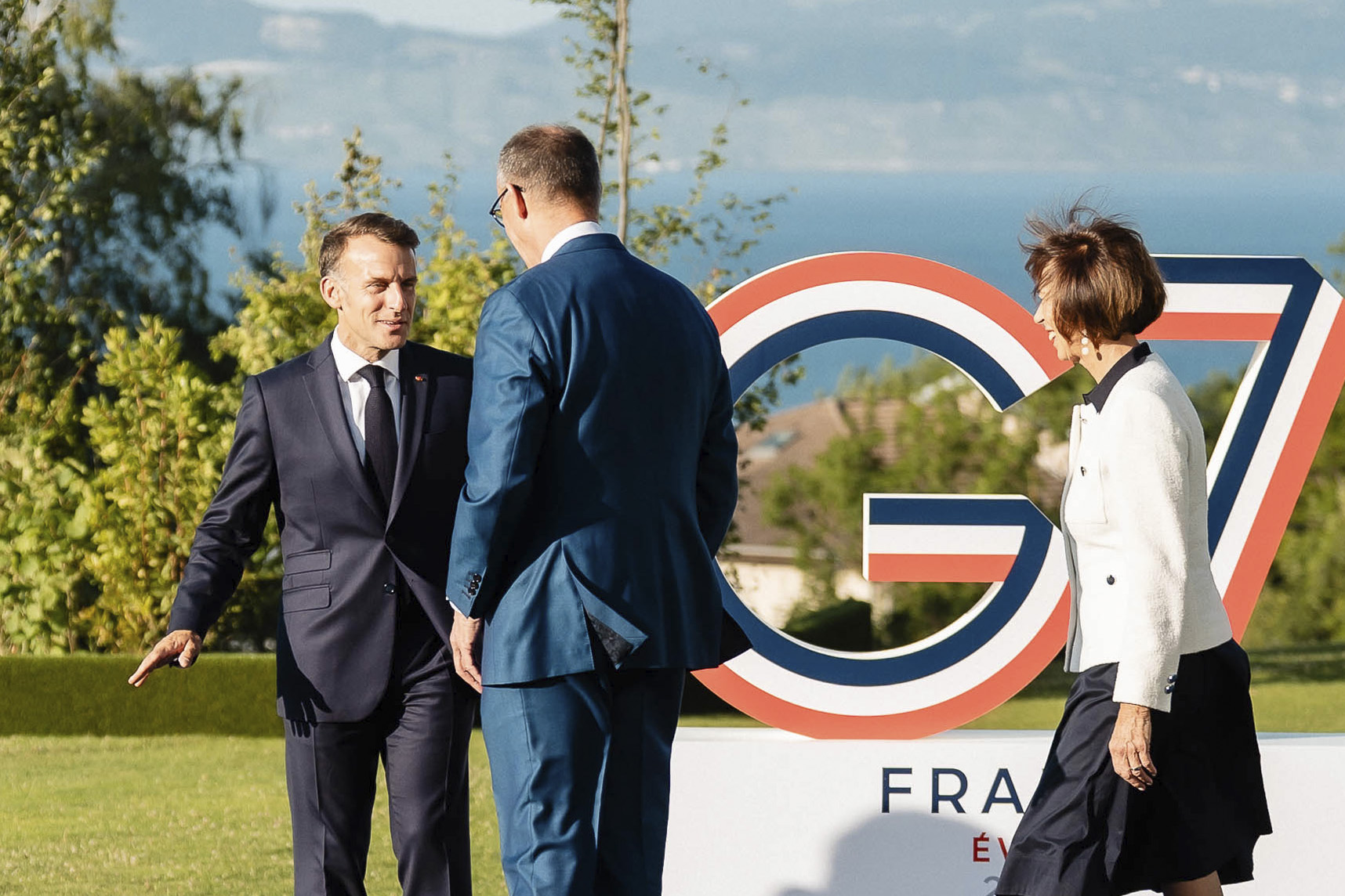 Federal Chancellor Friedrich Merz being welcomed to the G7 summit by Emmanuel Macron, President of France.