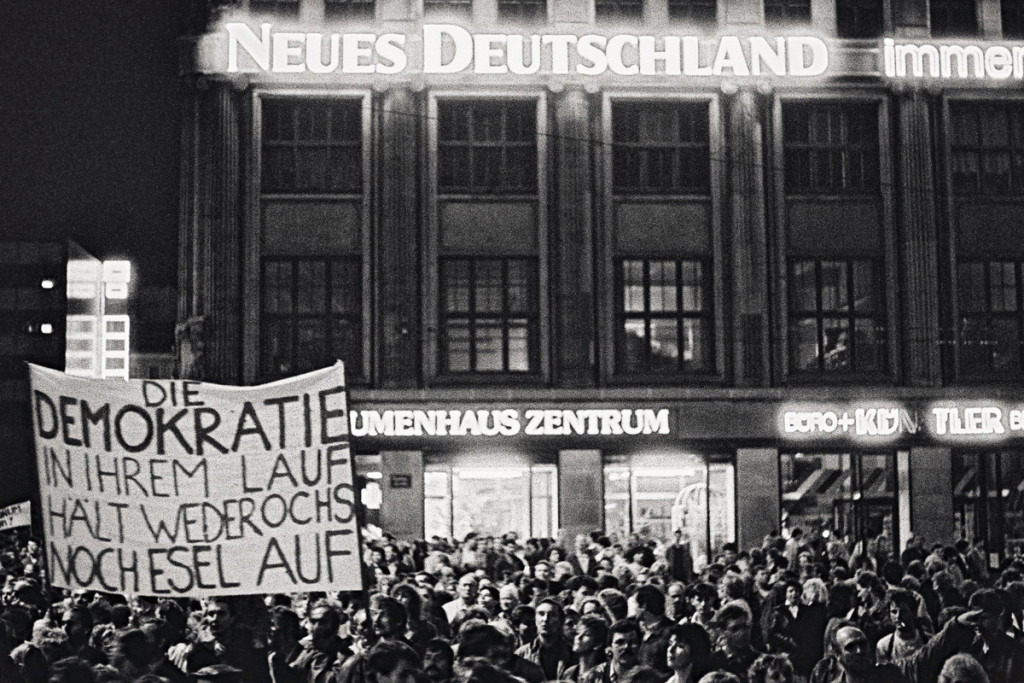 Protestors in front of the Karl Marx University in Leipzig