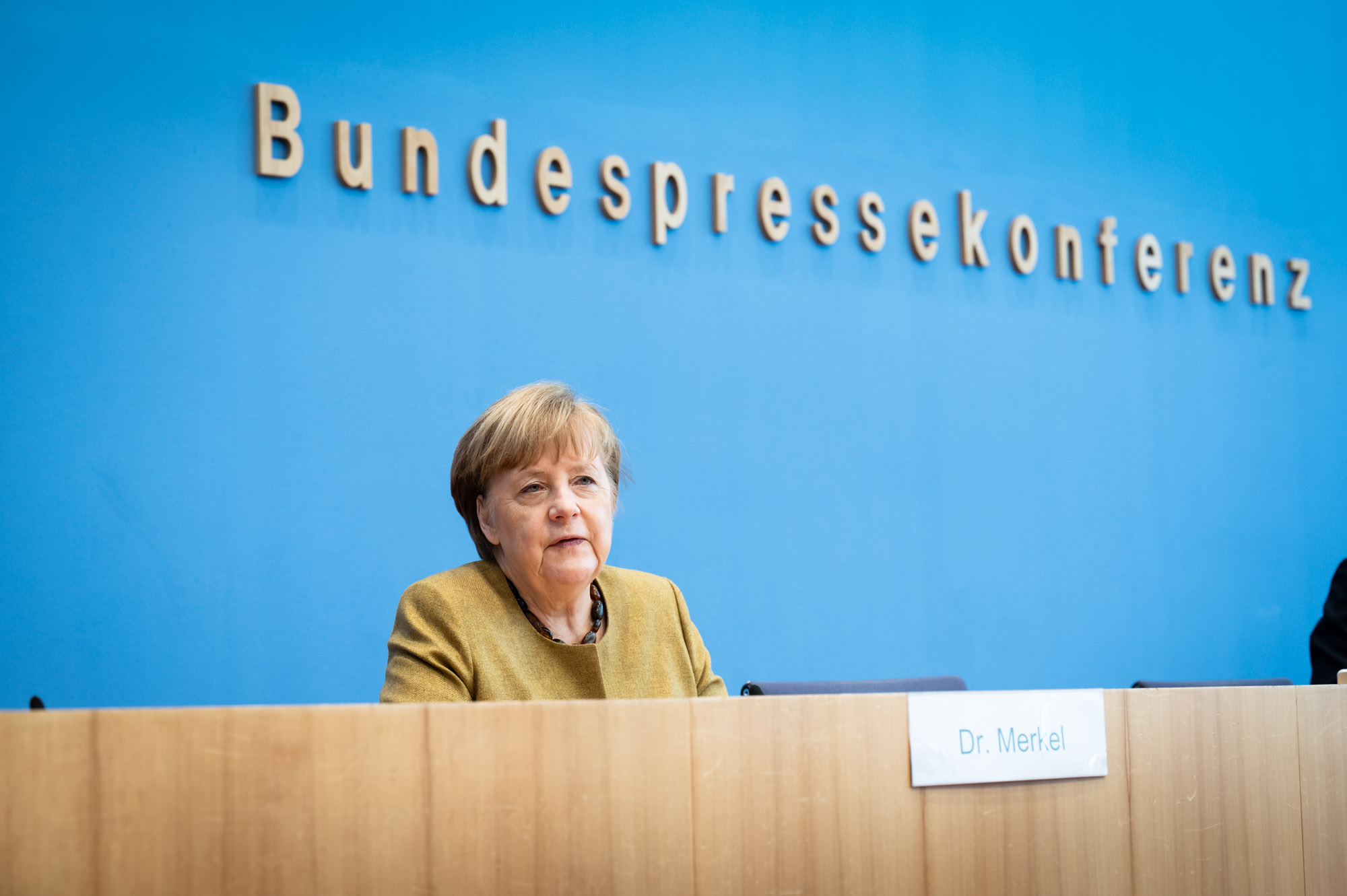 Chancellor Angela Merkel at the press conference on the latest response to the pandemic
