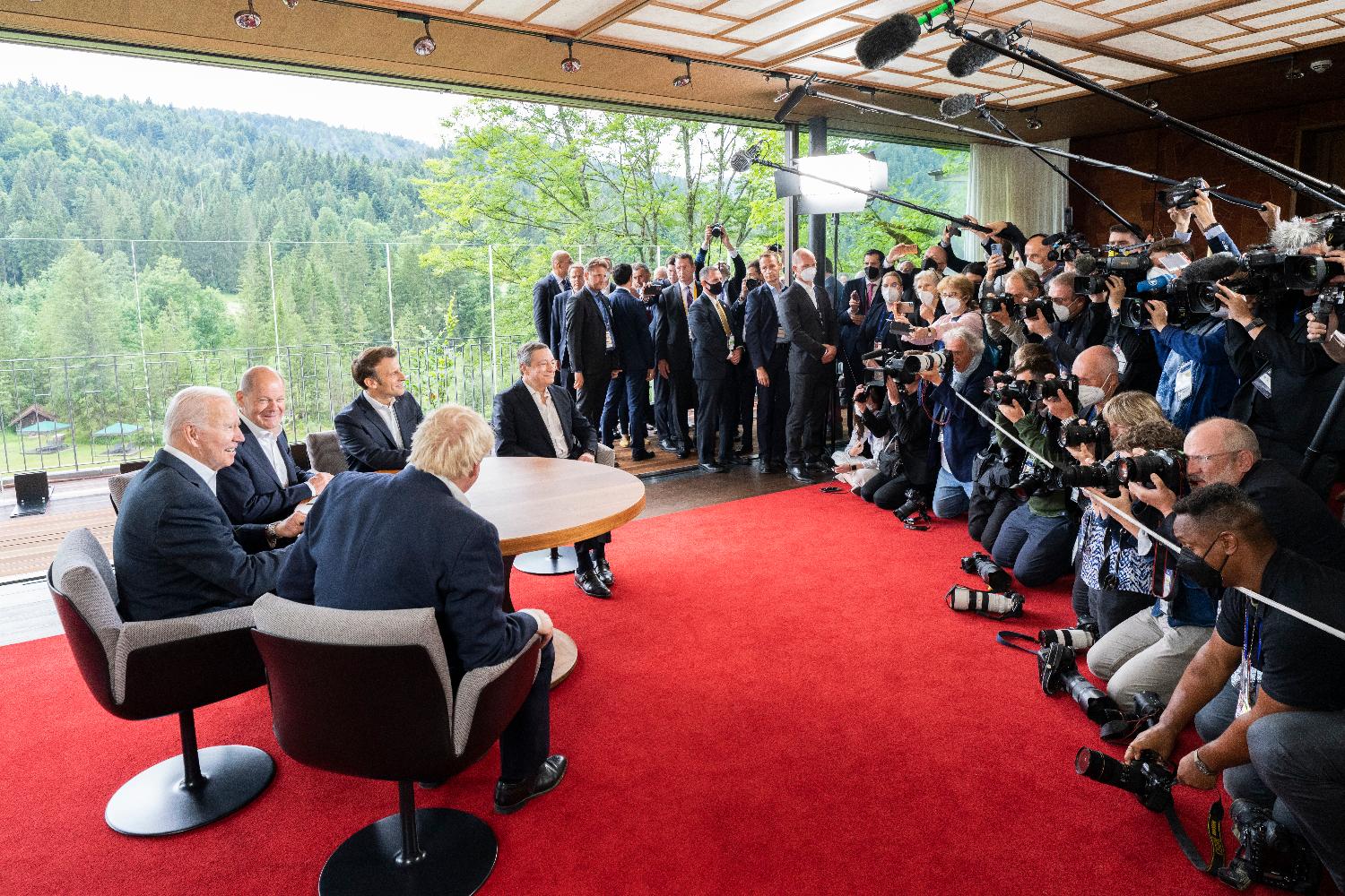Time for the photographers to capture Boris Johnson, Joe Biden, Olaf Scholz, Emmanuel Macron and Mario Draghi (left to right).