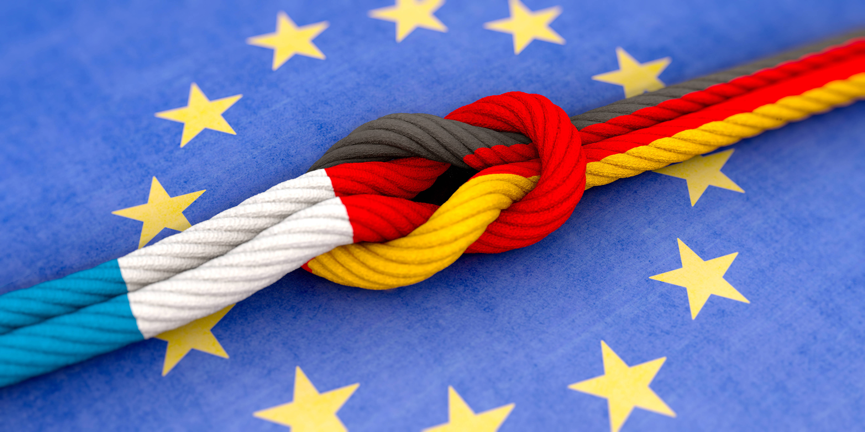 Image symbolique sur le thème de l’amitié entre la France et l’Allemagne : nœud avec des cordes aux couleurs des deux drapeaux nationaux