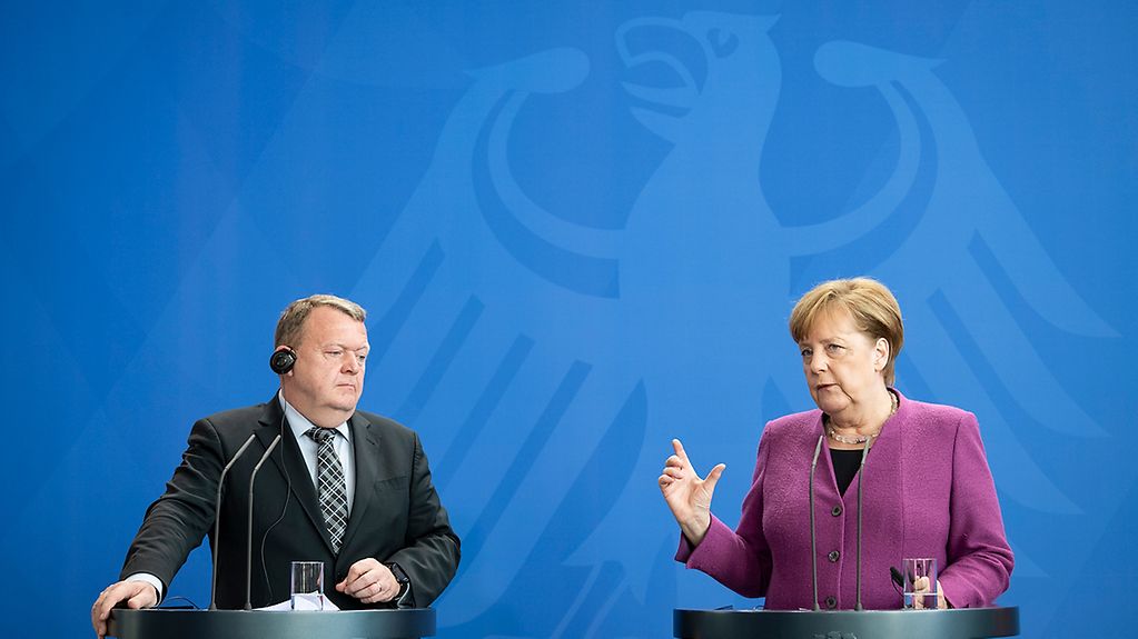 Chancellor Angela Merkel and Denmark's Prime Minister Lars Løkke Rasmussen at a joint press conference