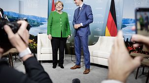 Bundeskanzlerin Angela Merkel beim G7-Gipfel in La Malbaie, Kanada, mit Kanadas Premierminister Justin Turdeau.