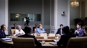Bundeskanzlerin Angela Merkel während einer Arbeitssitzung des G7-Gipfels in La Malbaie, Kanada.