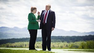 Chancellor Angela Merkel in discussion with President Donald Trump