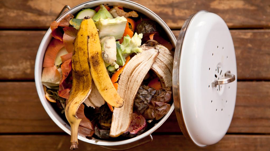 Über Kopf Ansicht von Obst- und Gemüseresten in einem weißen Emaillebehälter, bereit zum Verarbeiten im Kompost. Biomüll, Bio, Müll, Biotonne, Sammeltonne mit Obst-, Gemüse- und andere Lebensmittelabfälle, Biomüll,