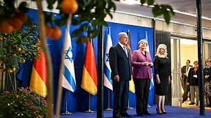 Chancellor Angela Merkel is welcomed to the German-Israeli government consultations by Israel's Prime Minister Benjamin Netanyahu.