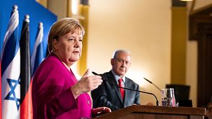 Chancellor Angela Merkel at the press conference following the German-Israeli government consultations