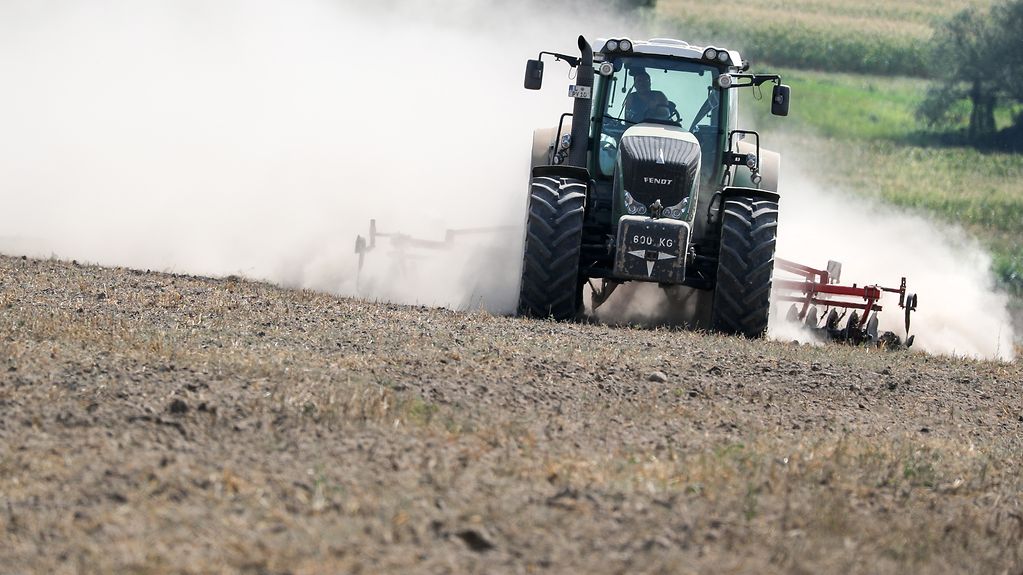 Ein Landwirt pflügt mit einem Traktor und einem Scheibenpflug ein trockenes Feld und wirbelt dabei reichlich Staub auf. 