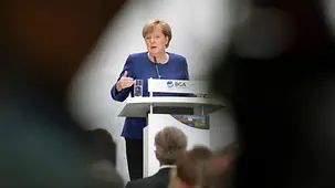 Chancellor Angela Merkel speaks at the BGA, the Federation of German Wholesale, Foreign Trade and Services, in Berlin.