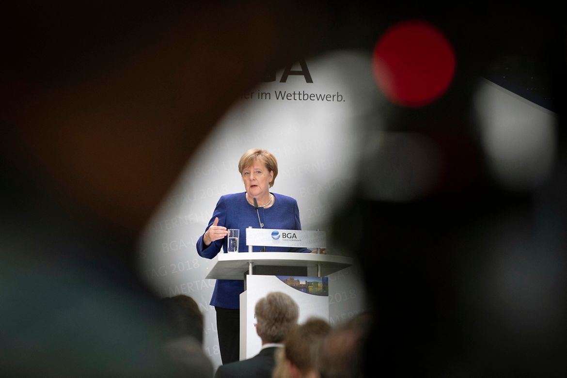 Chancellor Angela Merkel speaks at the BGA, the Federation of German Wholesale, Foreign Trade and Services, in Berlin.