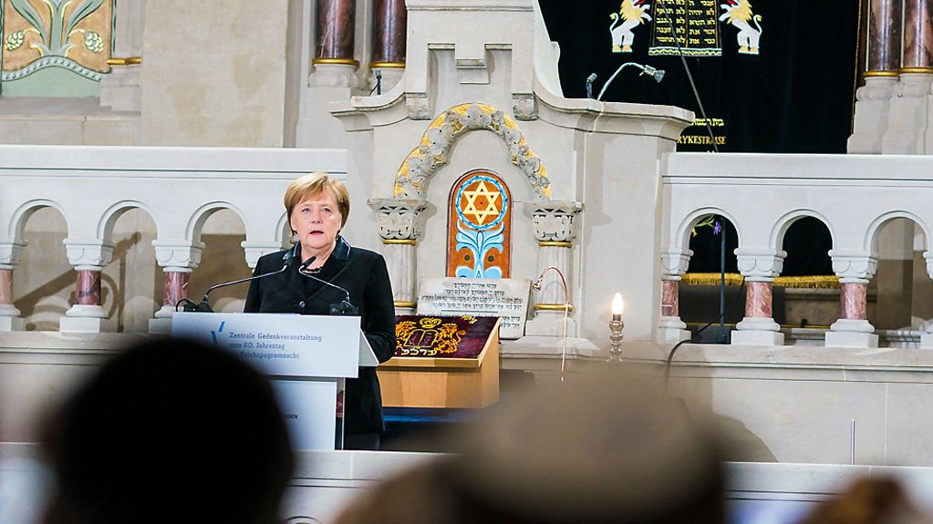 Chancellor Angela Merkel speaks at the central ceremony organised by the Central Council of Jews in Germany in the synagogue in Berlin's Rykestrasse.