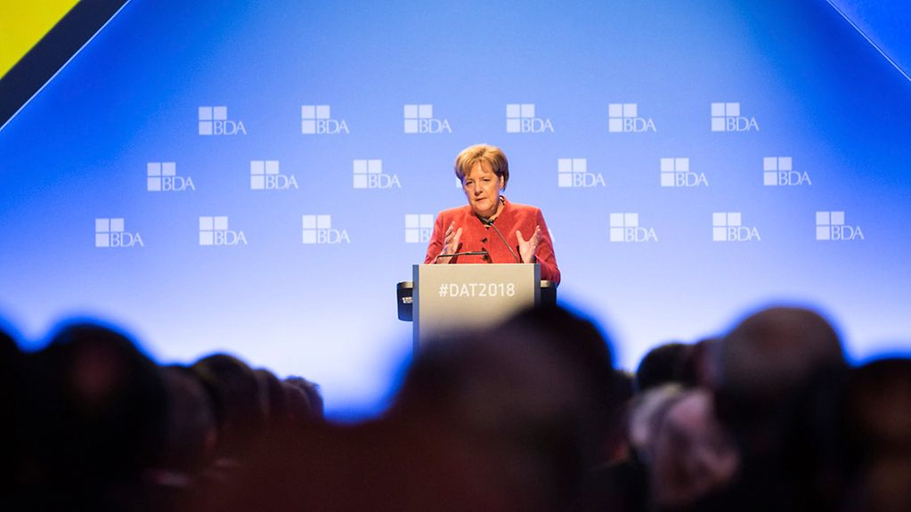 Chancellor Angela Merkel speaks at the annual meeting of the Confederation of German Employers' Associations.