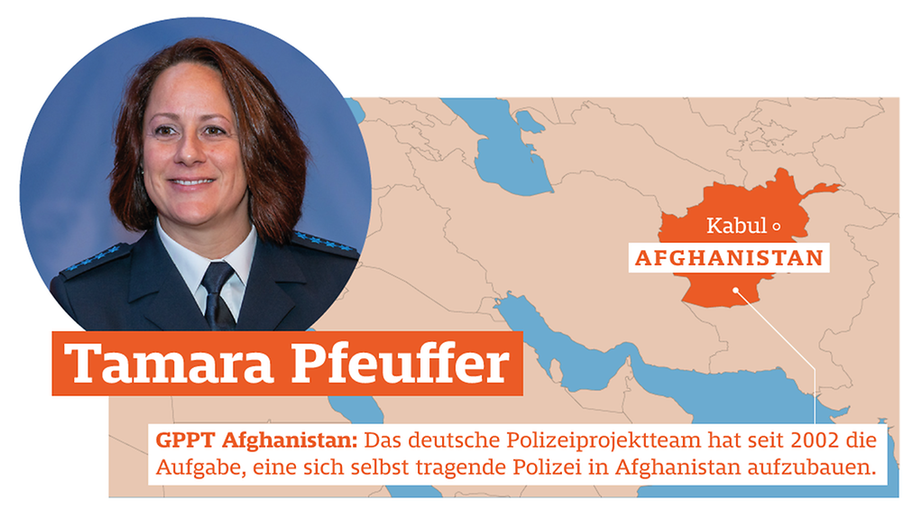 Portrait von Tamara Pfeuffer mit Landkarte, auf der das Einsatzgebiert Afghanistan hervorgehoben ist