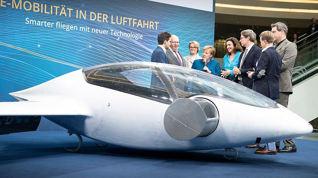 Chancellor Angela Merkel at the presentation of the world's first vertical take-off and landing electric jet aeroplane
