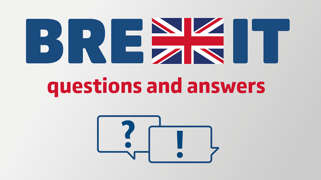 The heading "Brexit" in a large, bold font against a grey background, the letter "X" is the British flag. Underneath that "Questions and Answers" plus two speech bubbles with a question mark and an exclamation mark