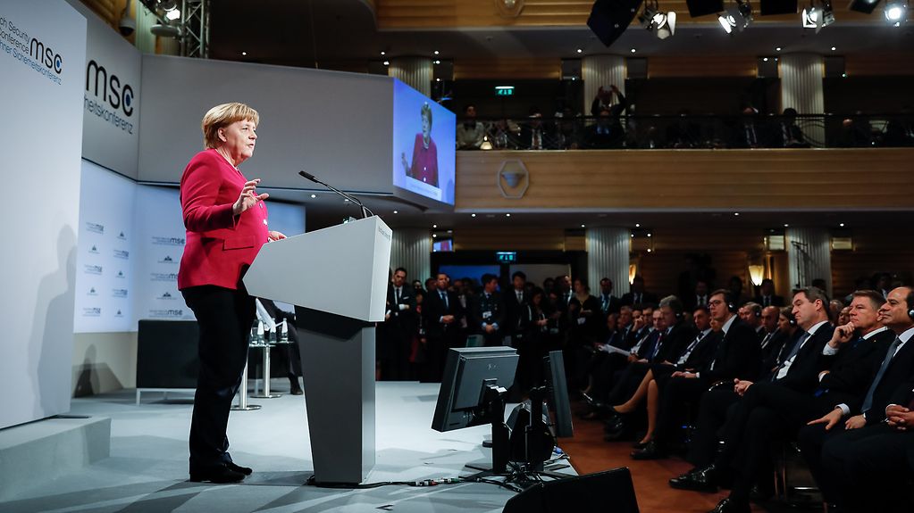 Angela Merkel speaks at the Munich Security Conference.