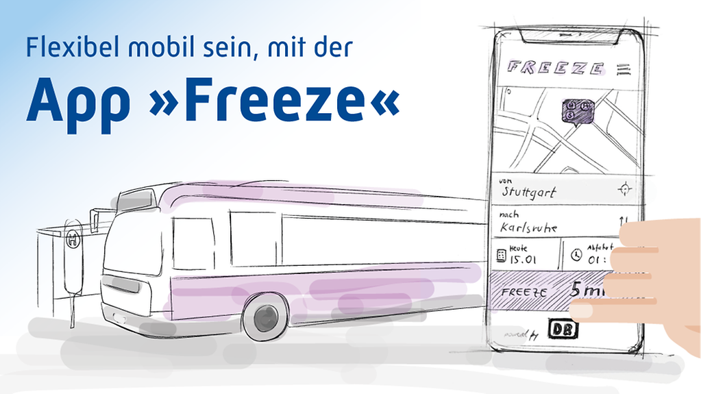 Die Grafik zeigt einen Bus an der Haltestelle und ein Smartphone, auf dem die App "Freeze" aufgerufen ist. Der Titel lautet Flexibel mobil sein, mit der App "Freeze"