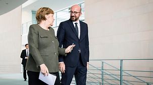 Chancellor Angela Merkel in conversation with Charles Michel, Belgian Prime Minister