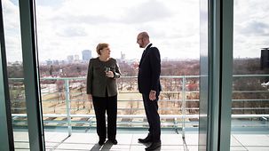 Chancellor Angela Merkel in conversation with Belgian Prime Minister Charles Michel