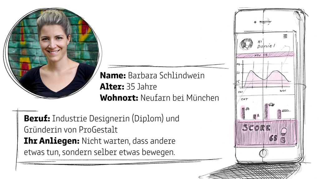 Grafik: Foto von Barbara Schlindwein, 35 Jahre alt, wohnt in Neufran bei München. Sie ist studierte Industrie-Designerin und Gründerin von ProGestalt. Ihr Anliegen ist es, selber etwas zu bewegen und nicht auf andere zu warten.