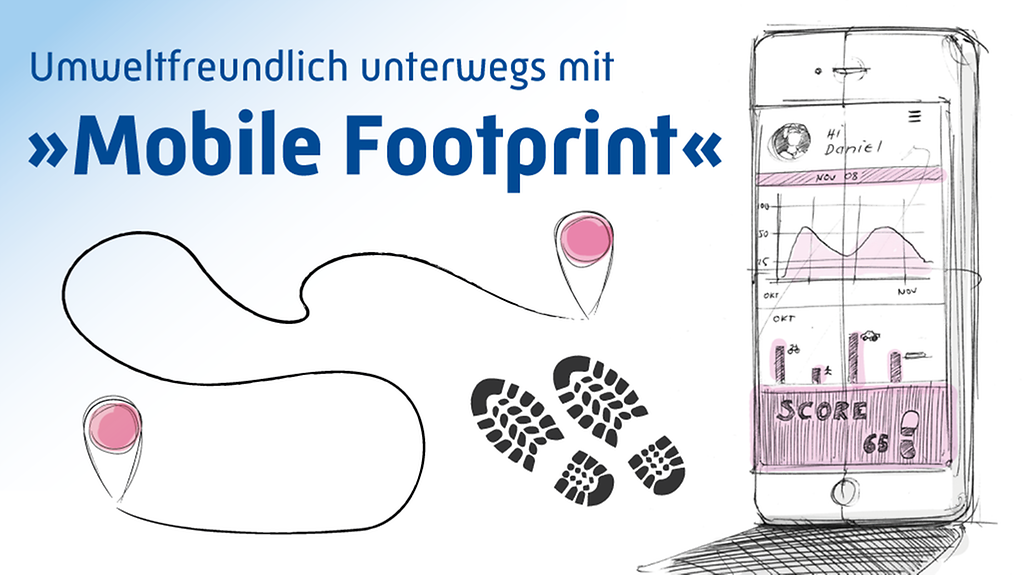 Grafik: Umweltfreundlich unterwegs mit "Mobile Footprint". Ein gezeichnetes Handy zeigt den erreichten Score an. Zudem symbolisiert eine Wegstrecke mit zwei Markierungspunkten und zwei Schuhabdrücke die App-Idee. 