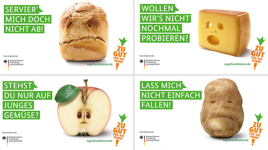 Vier Werbeplakate der Kampagne "Zu gut für die Tonne" sind zusammengefügt. Zu sehen ist jeweils ein trauriges Brötchen, ein trauriger Apfel, ein trauriges Stück Käse und eine traurige Kartoffel.