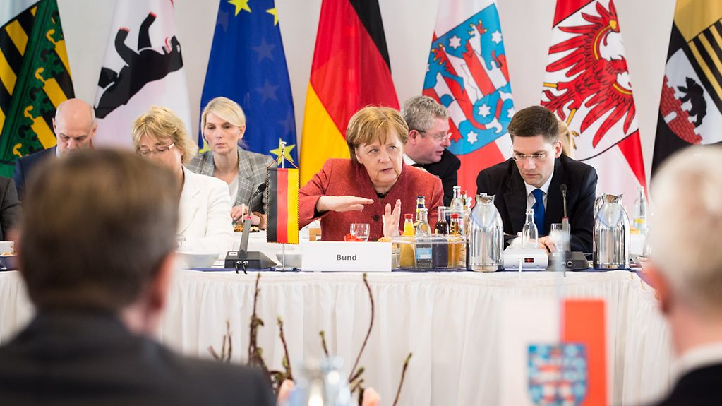 Chancellor Angela Merkel at the 46th regional conference of the state premiers of the Eastern federal states