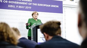 Chancellor Angela Merkel speaks at the press conference following the meeting of the European Council in Sibiu.