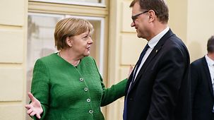 Chancellor Angela Merkel in discussion with Finland's Prime Minister Juha Sipilä at the informal meeting of the European Council in Sibiu
