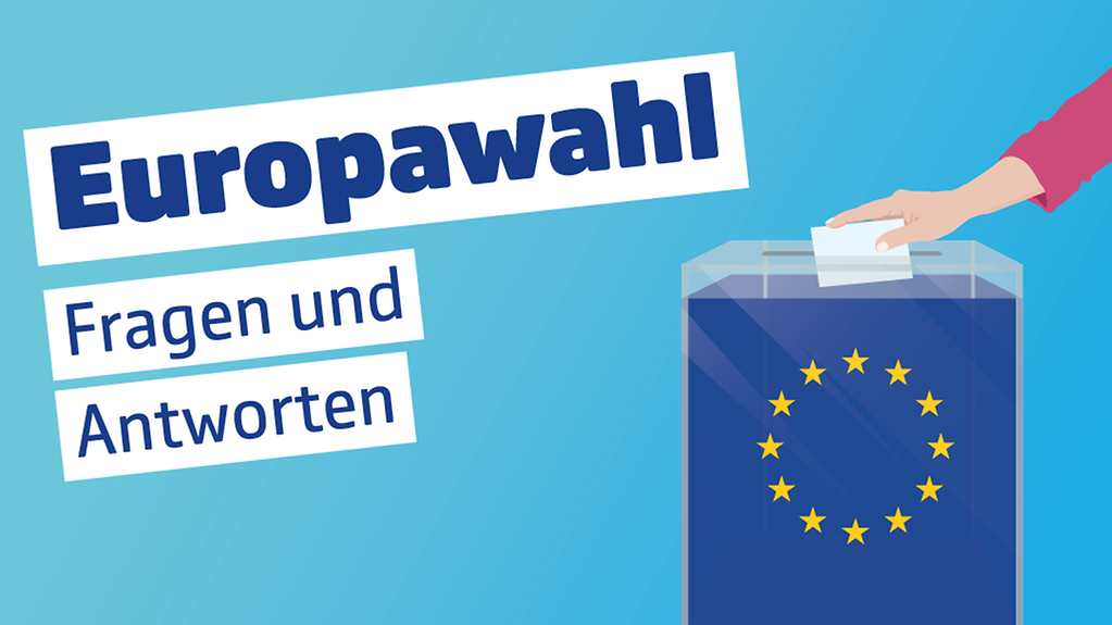 Grafik zur Europawahl. Links im Bild steht "Europawahl - Fragen und Antworten". Rechts davon ist eine Hand zu sehen, die einen Wahlzettel in eine blaue, mit gelben Sternen versehene Wahlurne wirft.