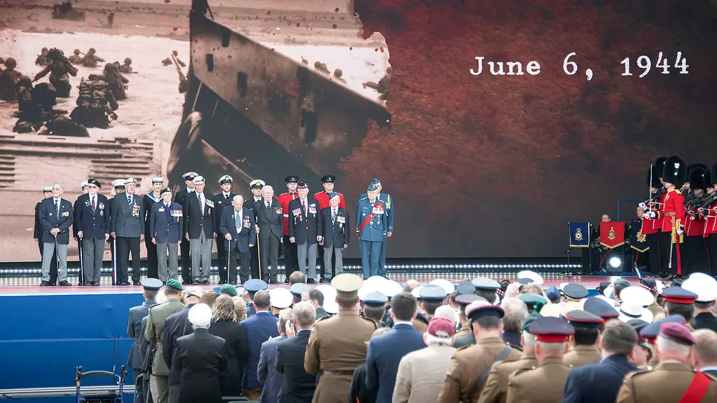 D-Day veterans on stage during the commemoration celebrations