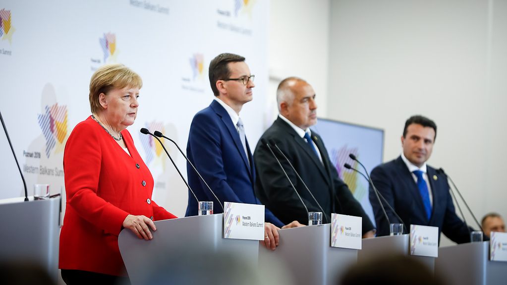 Chancellor Angela Merkel at a joint press conference with Polish Prime Minister Mateusz Morawiecki, Bulgarian Prime Minister Boyko Borissov, and North Macedonian Prime Minister Zoran Zaev (left to right)