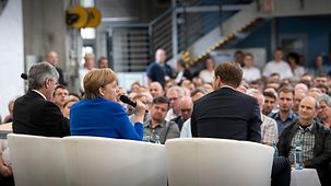 Chancellor Angela Merkel speaks to the Siemens workforce in Görlitz in the state of Saxony.
