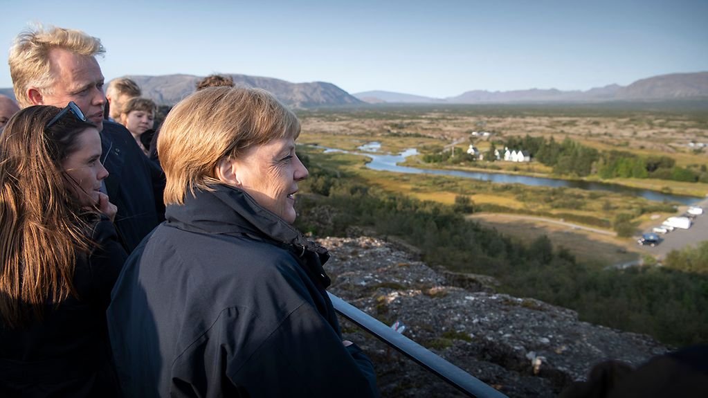 Chancellor Angela Merkel visits Thingvellir National Park with Icelandic Prime Minister Katrin Jakobsdottir.