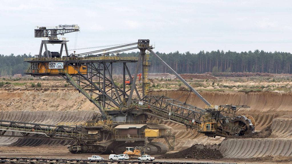 A bucket wheel excavator at Jänschwalde opencast lignite mine in Lusatia in the east of Germany