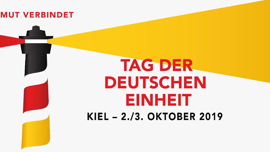 Ein Leuchtturm in den Farben schwarz, rot, gelb, daneben der Schriftzug: Tag der deutschen Einheit, Kiel, 2. und 3. oktober